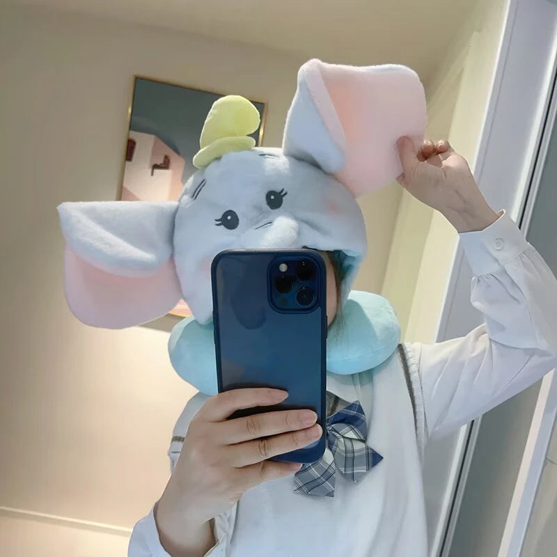 Disney Plush Dumbo Elephant Hooded U-shaped Pillow Stuffed Sanrio My Melody Marie Cat My Sweet Piano Travel Neck Pillow Office