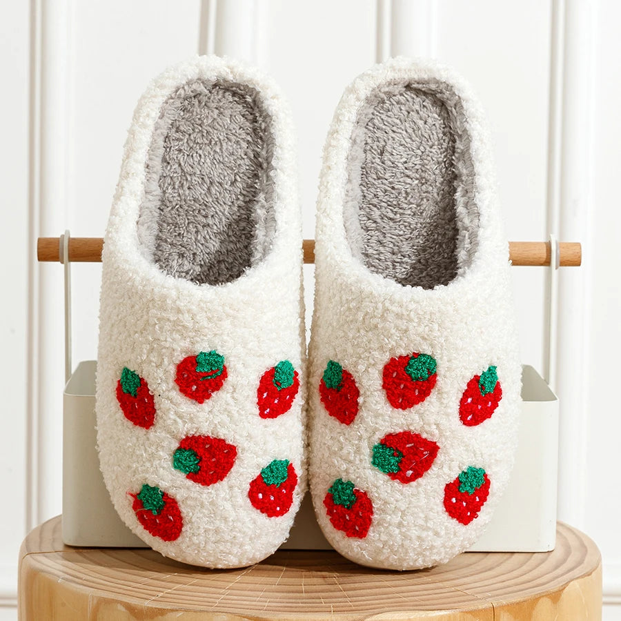 Cute Fruit Women Slippers Winter Indoor Warm Soft Sole Breathable Comfort Anti-slip Bedroom Causal Flat Cotton Shoes