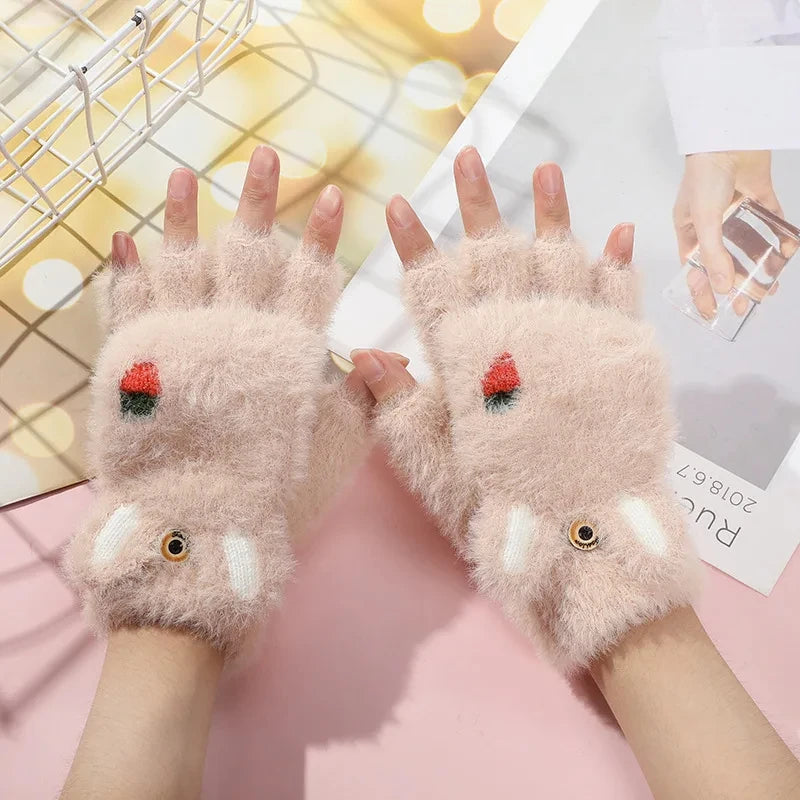 Women Plush Warm Glove Fur Lovely Rabbit Cat Mittens Flip Fingerless Gloves Soft Girls Thick Gloves Flexible Half Finger Winter