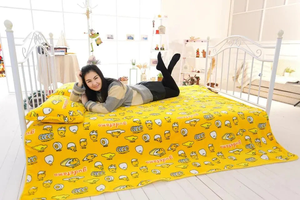 Queen Size Egg Yolk Plush Blanket Anime Peripheral Flannel Quilt Kawaii Home Decor Soft Nap Quilt Sofa Cushion Gift for Girl