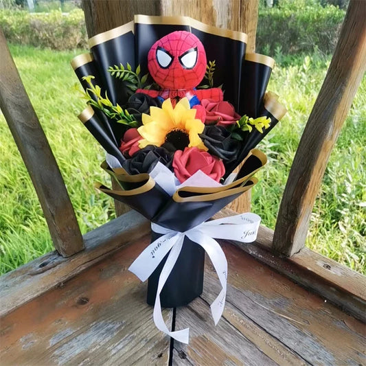 Animation Super Hero Spider Plush Doll With Rose Flower Bouquets Soft Stuffed Kids Graduation Christmas Day Birthday Gifts