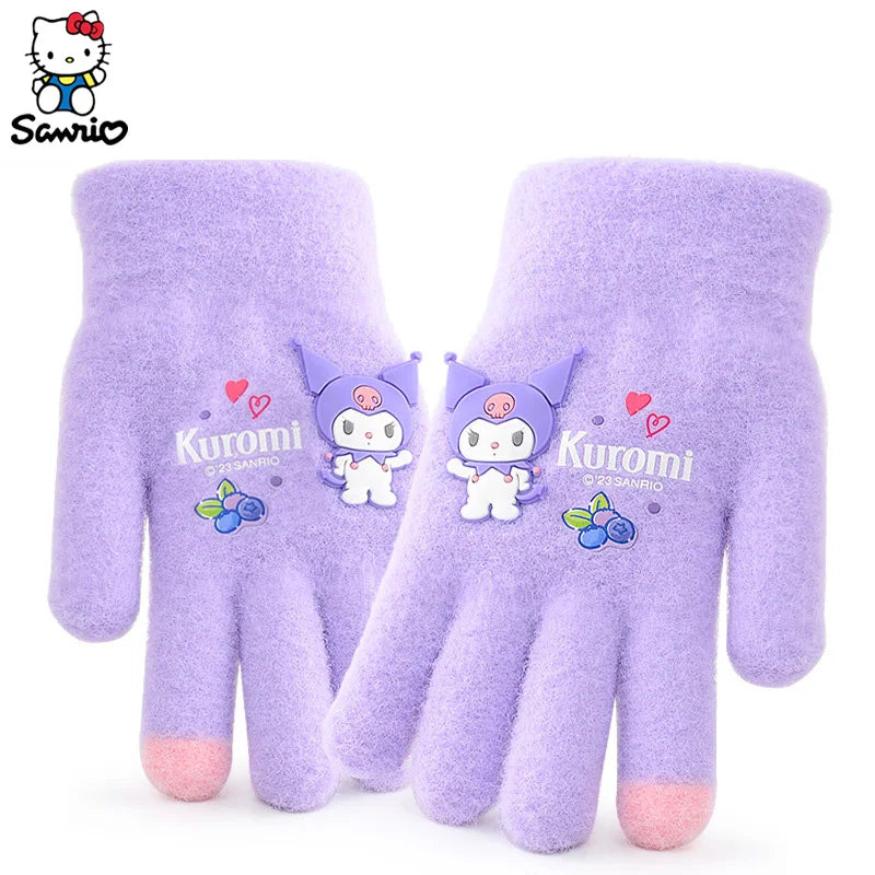 Kawaii Sanrio Gloves Children's Warm Gloves Kuromi Melody Winter Plush Thickened Full Fingers Mitten Accessories Christmas Gifts