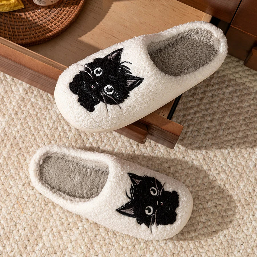 Winter Women's Slippers Indoor Cartoon Black Cat Cute Girls Slipper Bedroom Anti-slip Soft Sole Comfortable Cotton Homeshoes