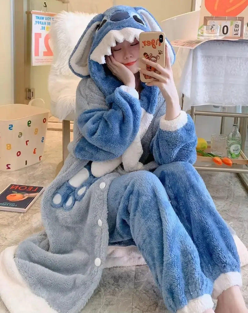 New Disney Cartoon Stitch Nightgown Suit Couple Design Luxury Plush Robes Hooded Pants Women Men Coral Fleece Pajamas Birthday