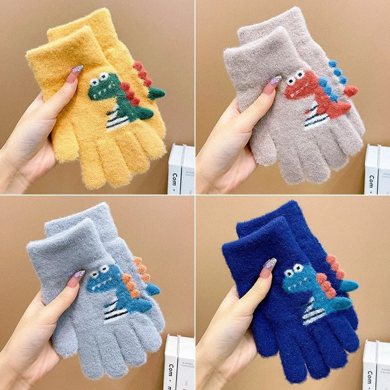 4-8 Year Old Winter Children's Thick Knitted Gloves Cartoon Dinosaur Warm Plush Children's Winter Children's Finger Gloves