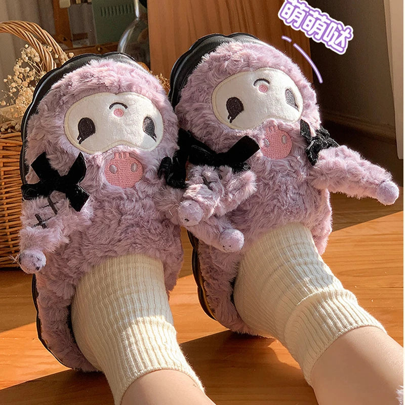 Sanrio Plush Slippers Kuromi Cotton Slippers Sweet Suitable Winter Home Slippers Thick Sole Keep Warm Cotton Shoe Christmas Gift