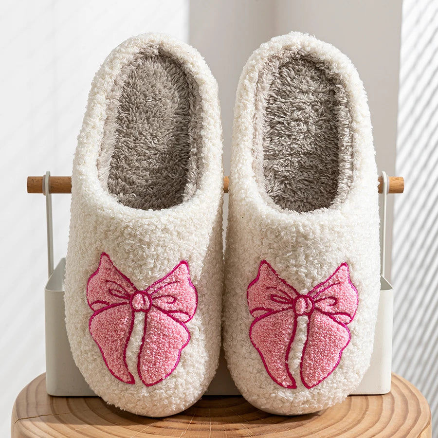 Fashion Cute Pretty Bow Women Slippers Indoor Winter Soft Sole Exquisite Warm Graceful Causal Dormitory Comfy Flat Cotton Shoes