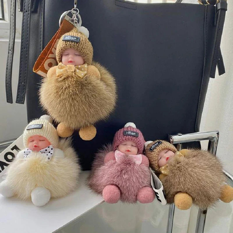 Cute Sleeping Baby Keychain Charm Cute Fluffy Plush Doll Car Keychain Fashion Women's Bag Charm Backpack Decoration Gift