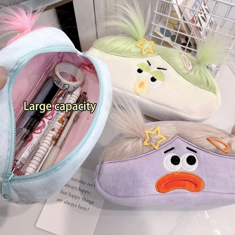 Kawaii Funny Big Capacity Plush Pencil Bag Creative Cartoon Big Mouth Girl Pens Storage Case Portable School Stationery Gift