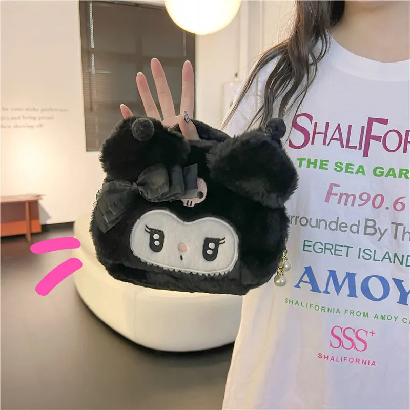 Sanrio Kawaii  Plush Kuromi Melody Make Up Cosmetic Bag Cartoon Large Capacity Storage Bags Portable Handbag Girl Birthday Gift