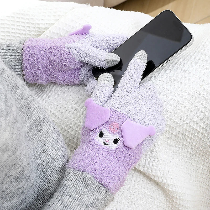 Sanrio Gloves Plush Kuromi Cold-Proof Gloves My Melody Cinnamoroll Five-Finger Gloves Touch Screen Pochacco Child Christmas Gift