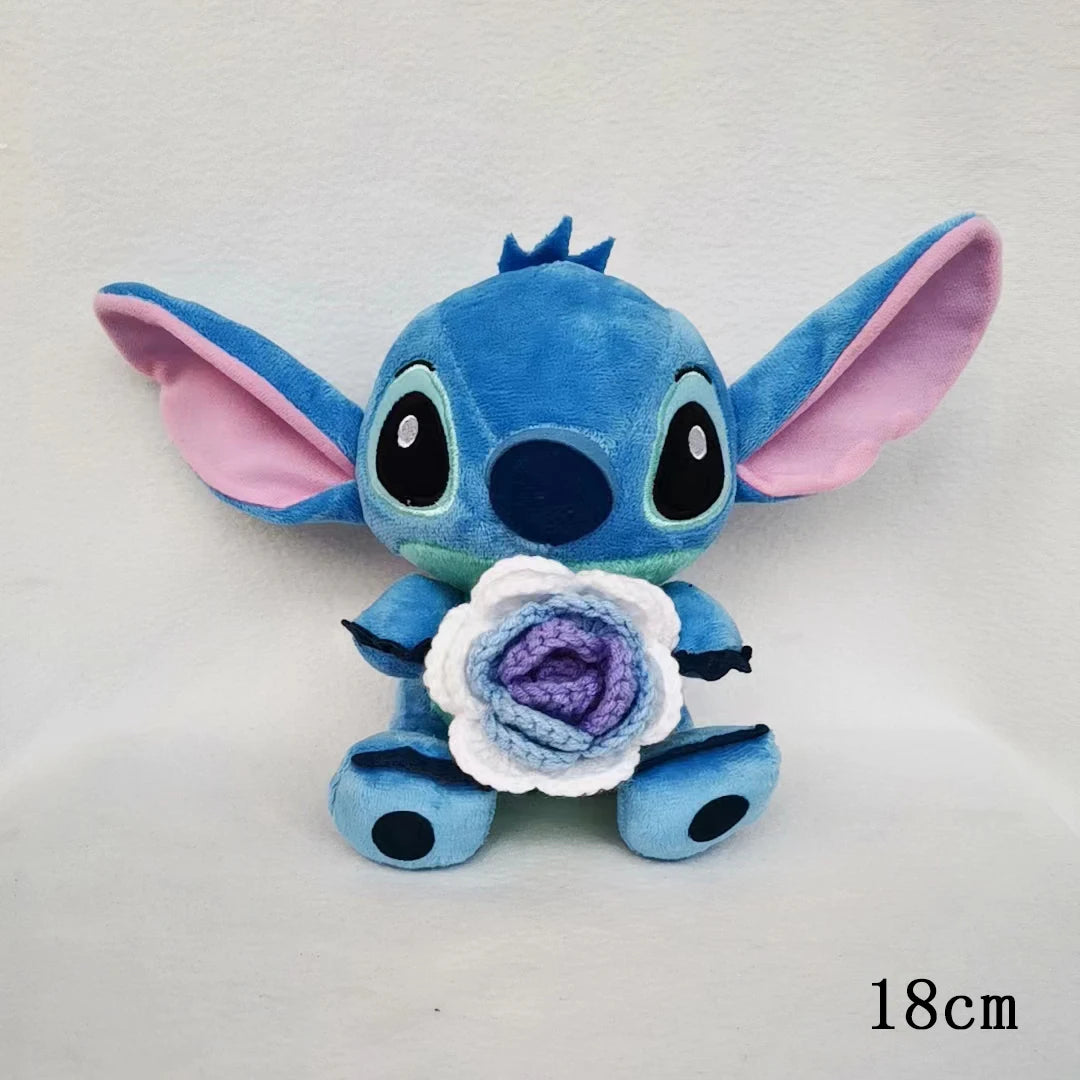 Disney Stitch Stuffed Plush Dolls Hand Woven Sunflower Rose Cartoon Stuffed Anime Blue Pink Plush Toys Christmas Birthday Gift