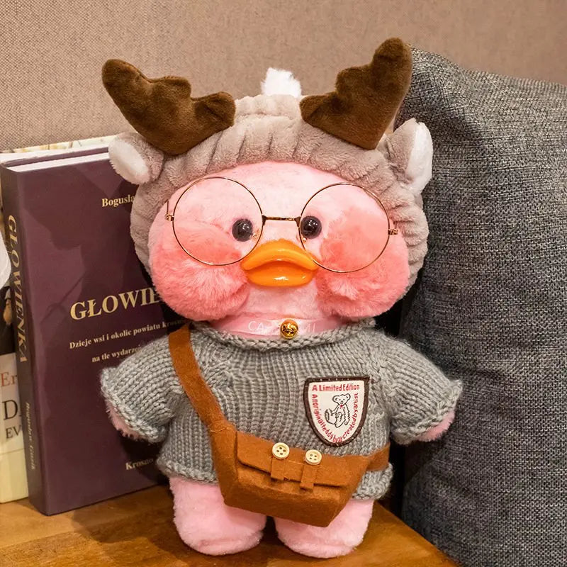 30cm Cute Cafe Pink Duck Stuffed Plush Animals Toy Wear Glasses And Clothes Soft Doll Girl Birthday Creative Gift For Girls