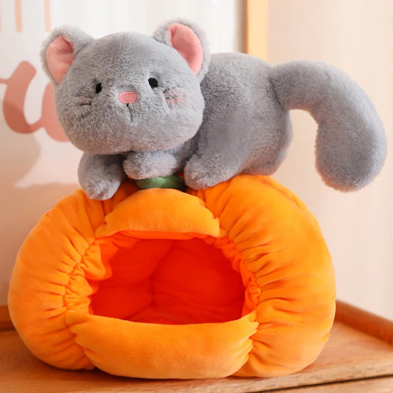 23/30cm Funny Cute Soft Stuffed Animals Dog Cat Hiding In the Pumpkin Nest Dolls Room Pets Peluche Kids Lover Elegant Gift