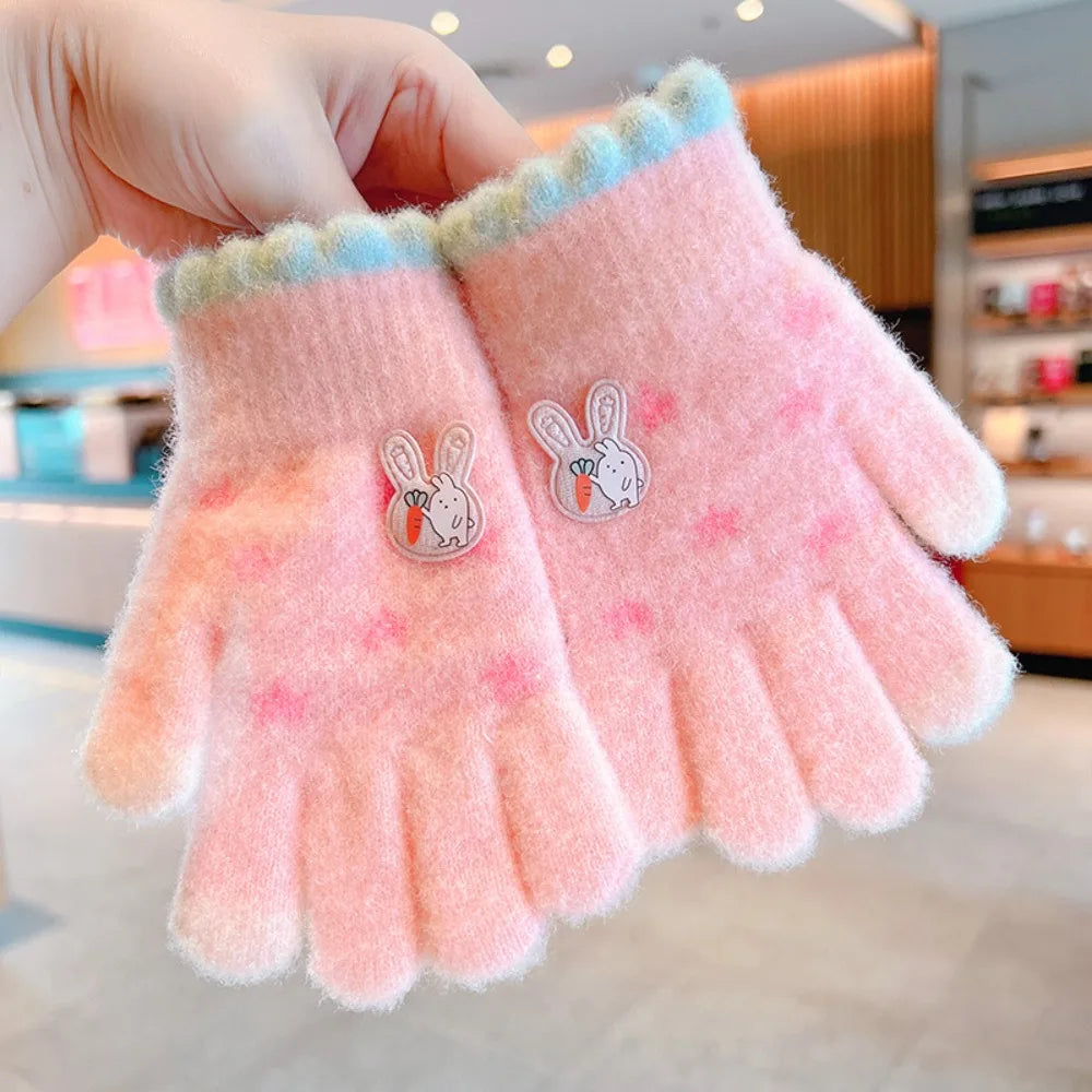 New Cute Cartoon Kids Knitted Gloves Plush Thickened Children Full Fingers Gloves Winter Warm Outdoor Sports Windproof Gloves