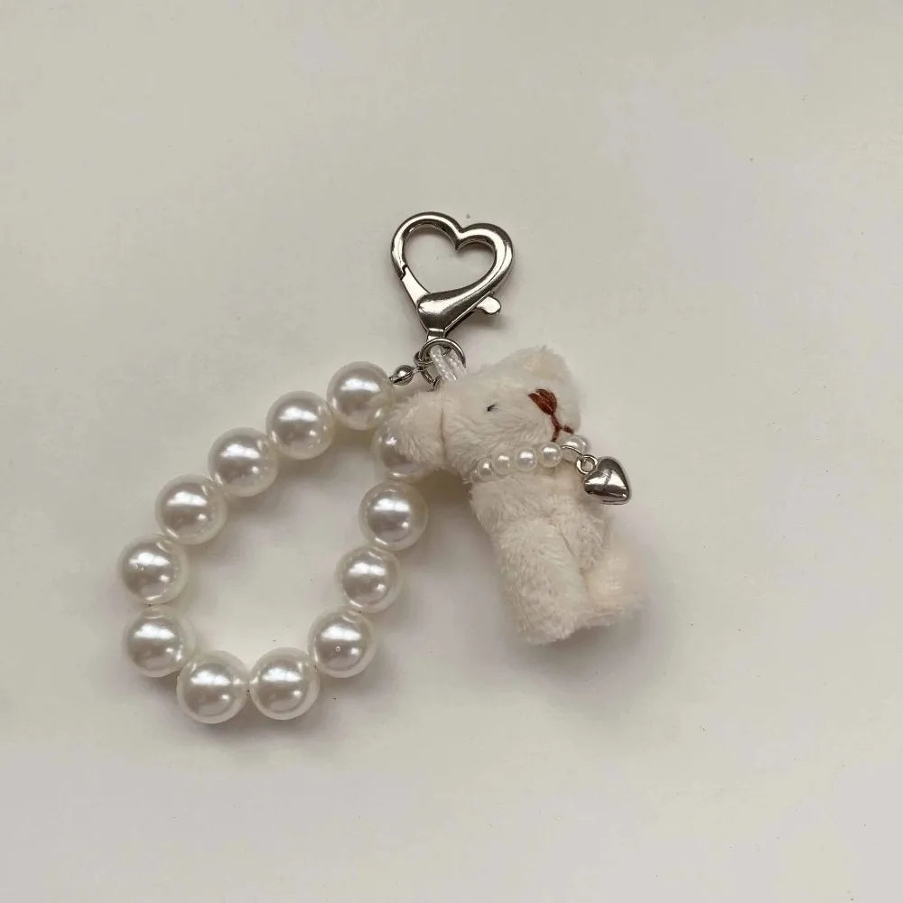 Cute Imitation Pearl Plush Teddy Bear Mobile Phone Chain Gift Hanging Ornament Keychain Handbag Pendant Doll Pendant Women Girls