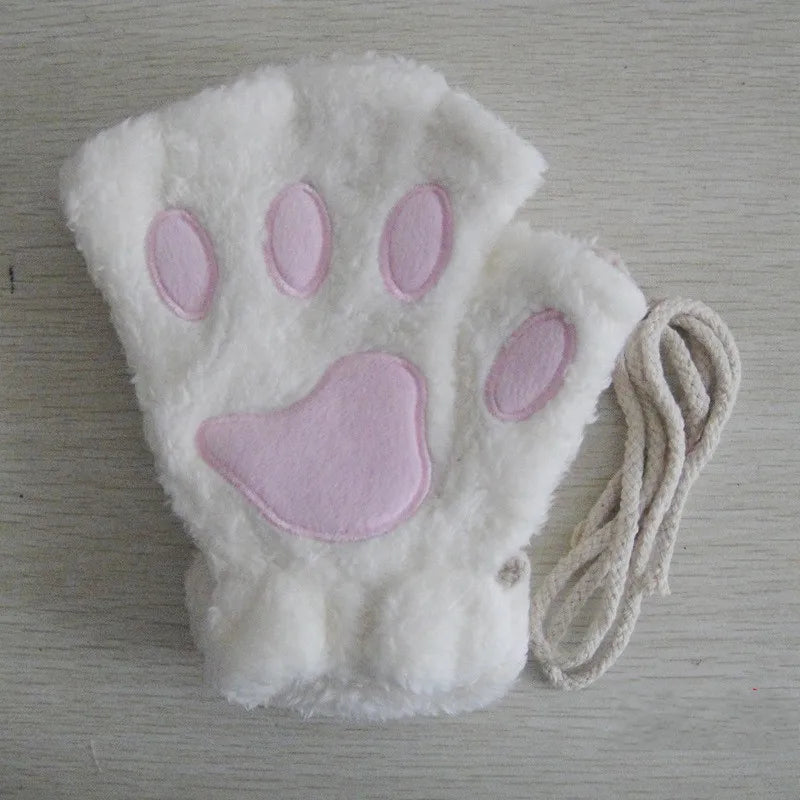 Cartoon Cute Cat Claw Paw Gloves Women Plush Mittens Warm Soft Plush Short Fingerless Fluffy Bear Cat Gloves Costume Half Finger