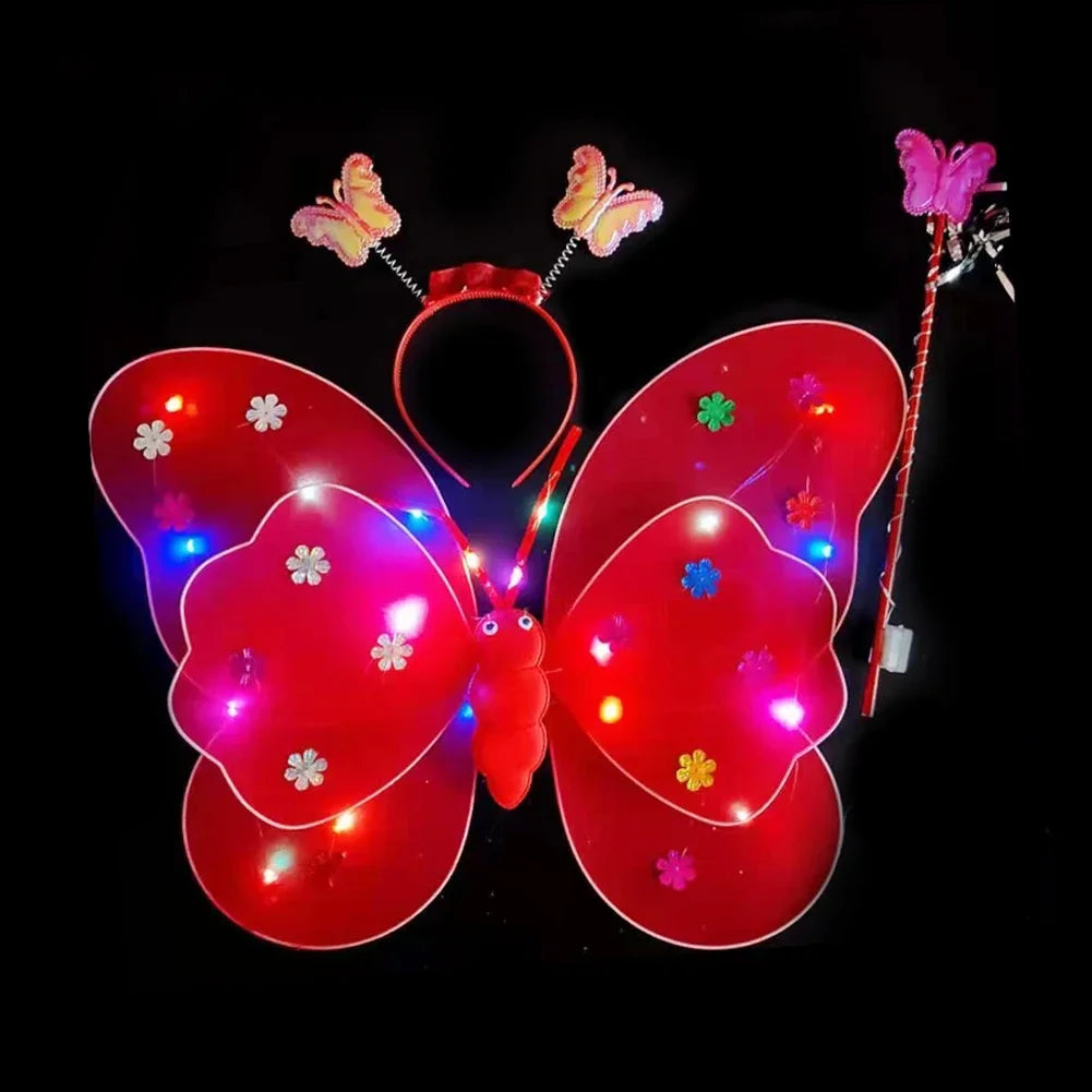 3/4Pcs/Set Double Layers Girls Led Flashing Light Fairy Butterfly Wing Wand Headband Costume Toy Gift Halloween Decoration