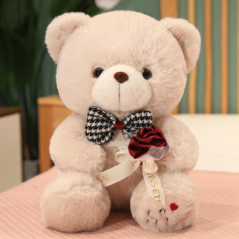 35-50cm Kawaii Bear Plush Stuffed Animal Doll Pillow Rose Bow Tie Accessories Dress Up Valentine's Day Girlfriend Gifts