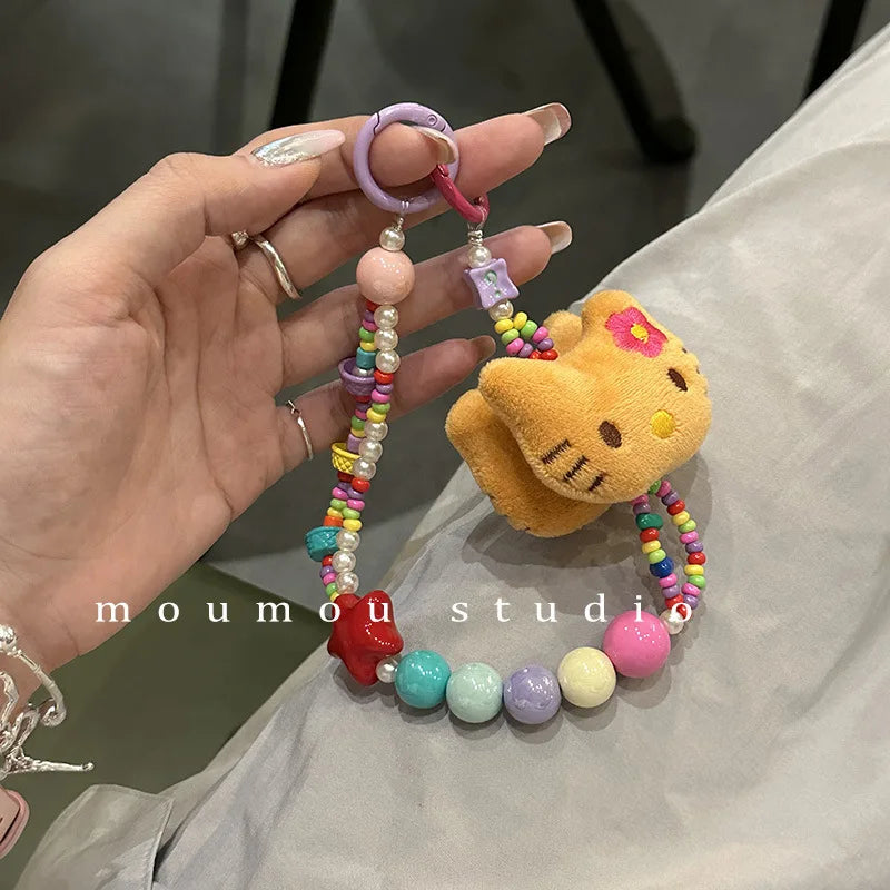 Sanrio Colorful Beaded Keychain Hello Kitty Kawaii Cartoon Plush Phone Strap Wrist Strap Backpack Pendant Decoration Gifts