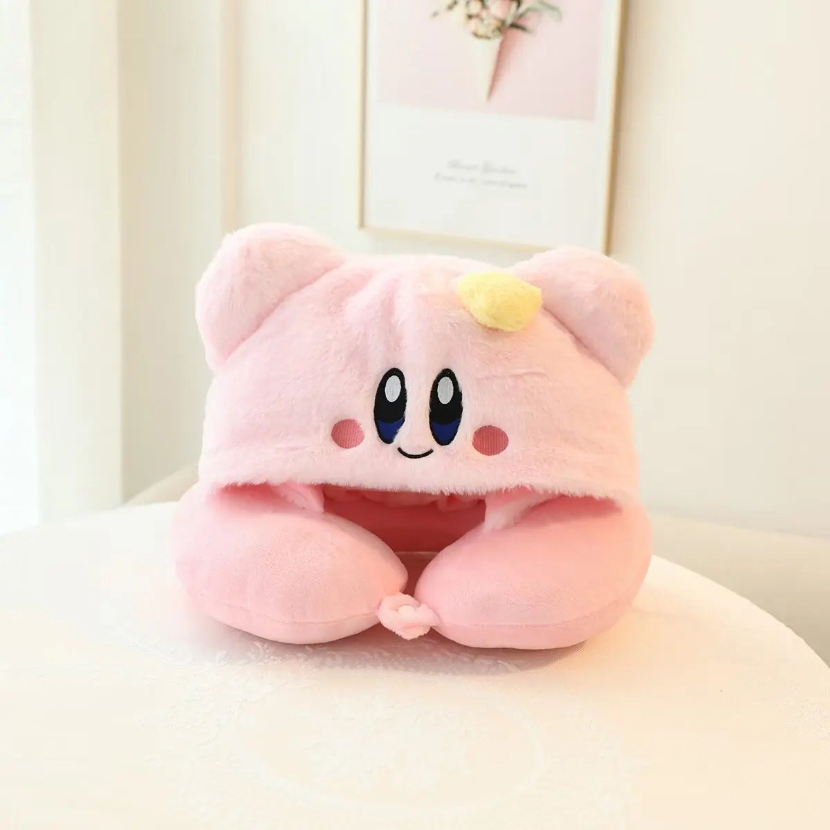 Miniso Kirby Plush Hooded U-shaped Neck Pillow Kirby Comfortable Blackout Travel Pillow Airplane Office Nap Pillow Girl Gift