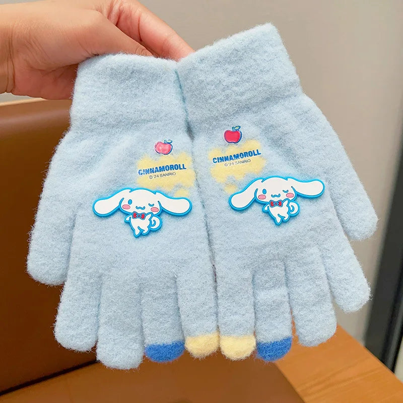 Kawaii Sanrio Hello Kitty Gloves Kuromi My Melody Cinnamoroll Winter Plush Thickened Mittens Girls Gloves 6-12 Years Old Gift