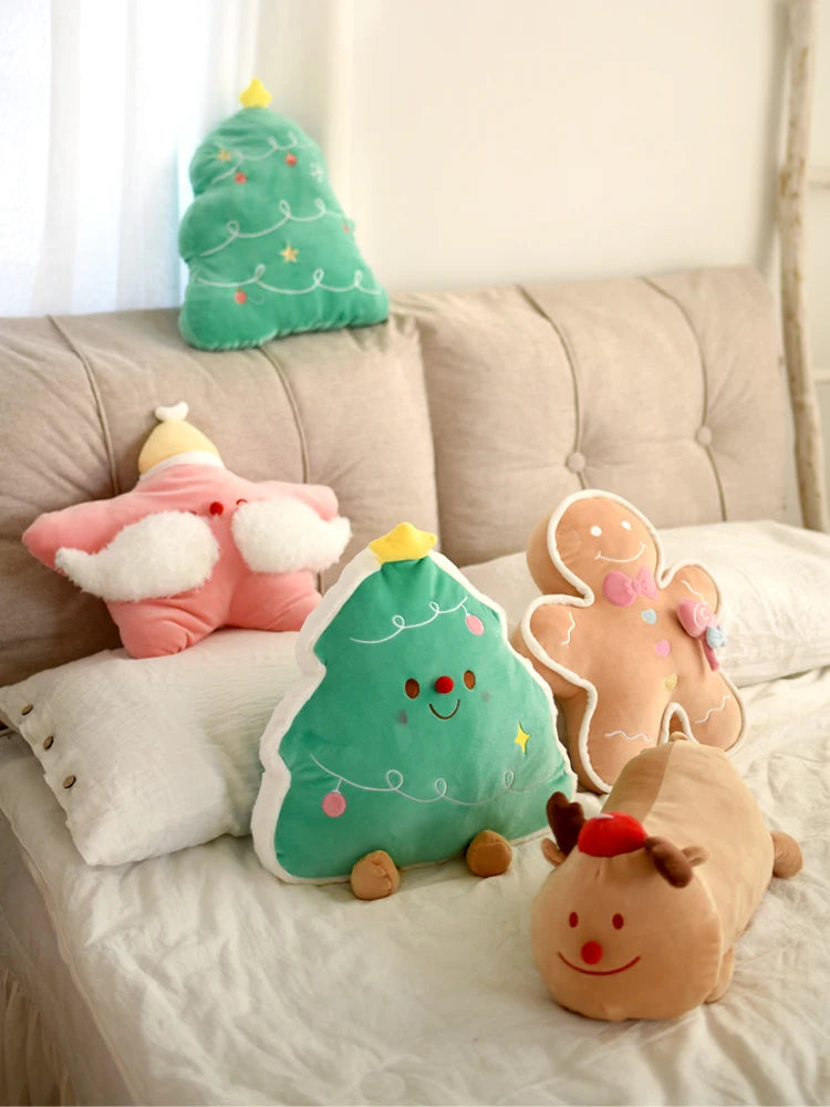 Cute Gingerbread Man Throw Pillow Christmas Tree Plush Toy Girly Room Decoration Lying Elk Plushies Soft Gifts For Girl