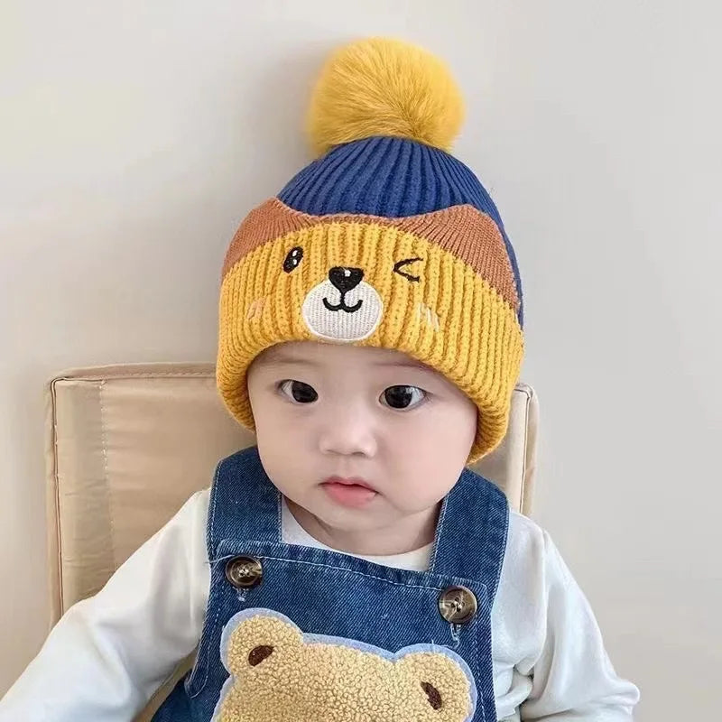 Soft Fluffy Baby Pompom Pullover Hat Cartoon Type Warm Baby Knitted Cap Plush Fluffy Windproof Winter Baby Earmuffs