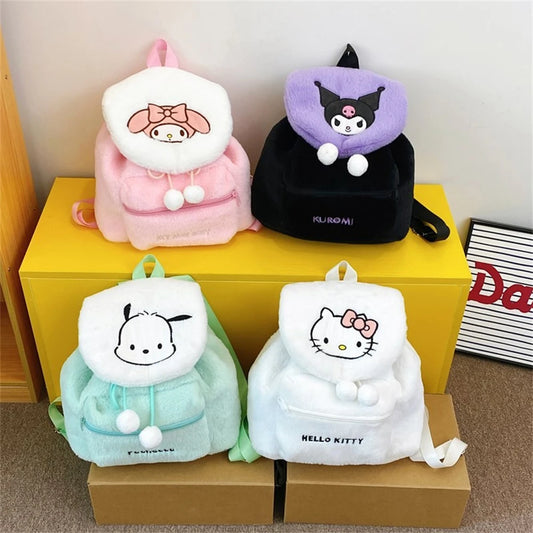 Sanrio Kuromi Melody Cartoon Cute Puppy Plush Flip Backpack Women's Casual Large Capacity Cute kawaii Cartoon School Bag Mochila