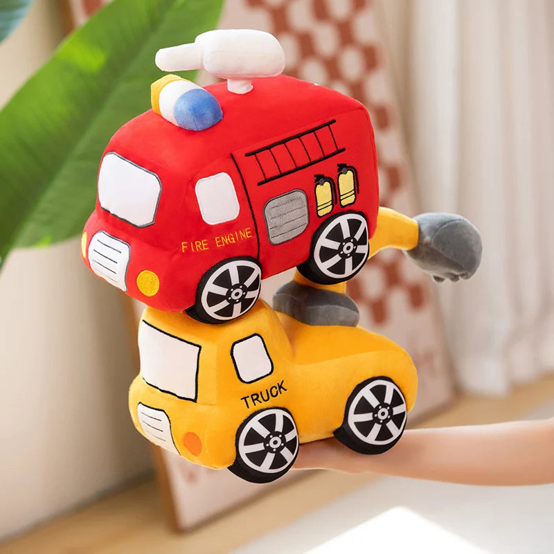 Emulational Cute Tractor Excavator Car Plush Toy Pillow Cartoon Fire Truck Soft Stuffed Dolls Boy Kids Gift Cute Room Decor