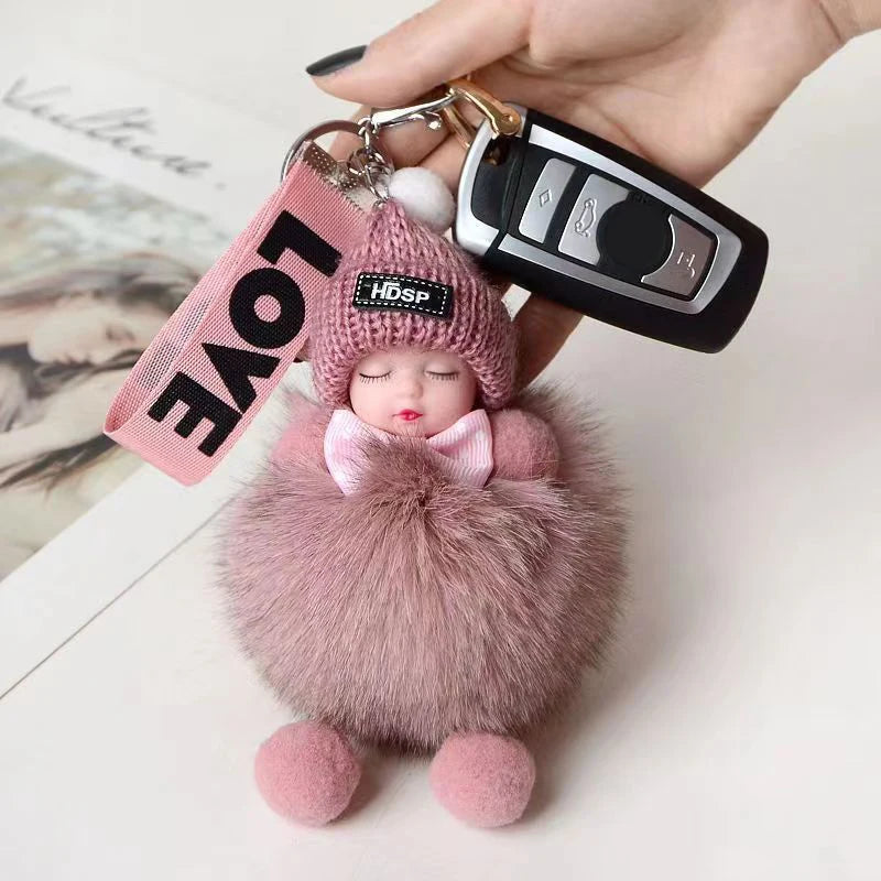 Cute Sleeping Baby Keychain Charm Cute Fluffy Plush Doll Car Keychain Fashion Women's Bag Charm Backpack Decoration Gift