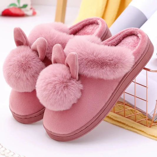 Winter Warm Home Fur Slippers Womens Indoor Home Rabbit Shoe Furry Ears Footwear Indoor Bedroom Flat Heels Fluffy Slippers Shoes