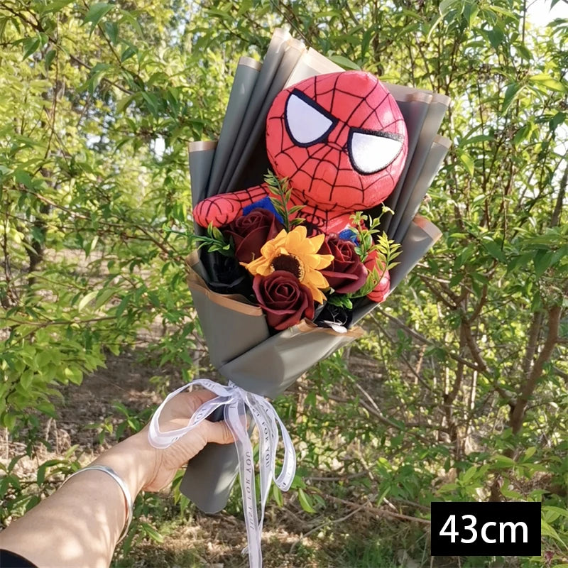 Animation Super Hero Spider Plush Doll With Rose Flower Bouquets Soft Stuffed Kids Graduation Christmas Day Birthday Gifts