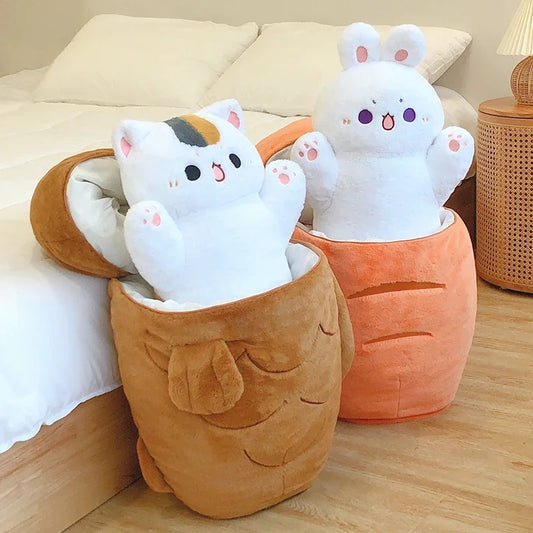 Kawaii Taiyaki Cat Plush Toy Rabbit Hiding in Carrot Furry Cartoon Animals Plush Throw Pillow Christmas Gift For Kids Girl