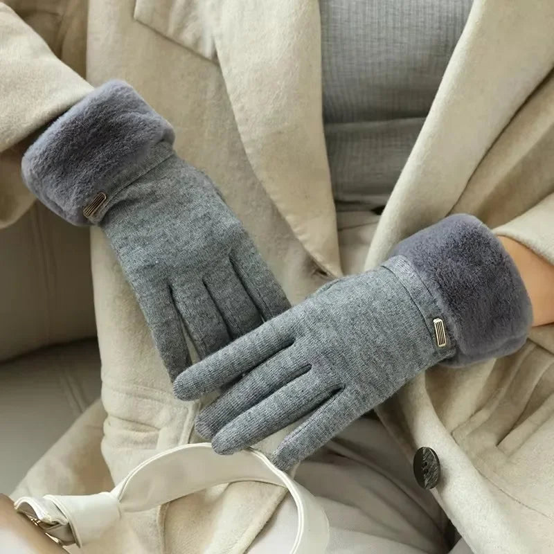 Winter Women Keep Warm Plus Velvet Touch Screen Thicken Plush Wrist Suede Gloves Fashion Personality Elegant Drive Cycling