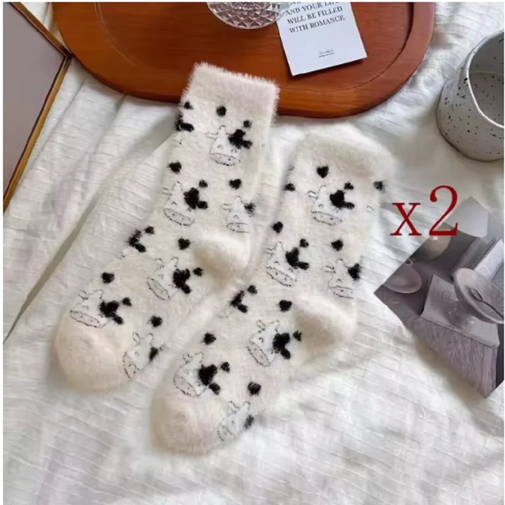 2/3/10 Pairs Women's Plush Mid Length Socks Dairy Cattle Thickening Mink Wool Sweet Soft Warm Stay At Home Women's Floor Socks