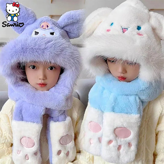 Kawaii Sanrio Kuromi Children Plush Scarf Hat Glove Cute Cosplay Party Anime Sweet Winter Warm Hat Girls Soft Plush Hat Gifts