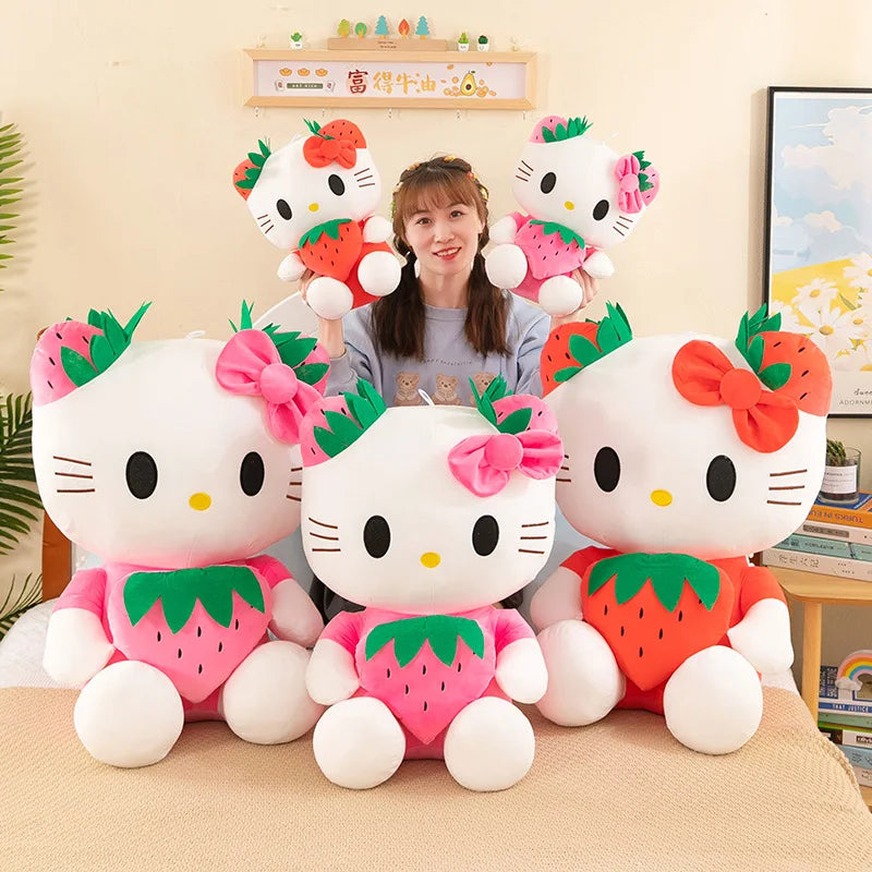 Sanrio KT Cat Plush Toys Kawaii Strawberry KT Cat Plush Doll Soft Stuffed Cartoon 22cm Cute Doll Pillow Birthday Gift for Girls