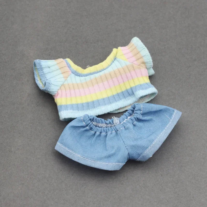 Doll Clothes Outfit Accessories For Korea Kpop Exo 15-17cm Labubu Idol Dolls 10cm cotoon doll T-shirt denim shorts set Clothing