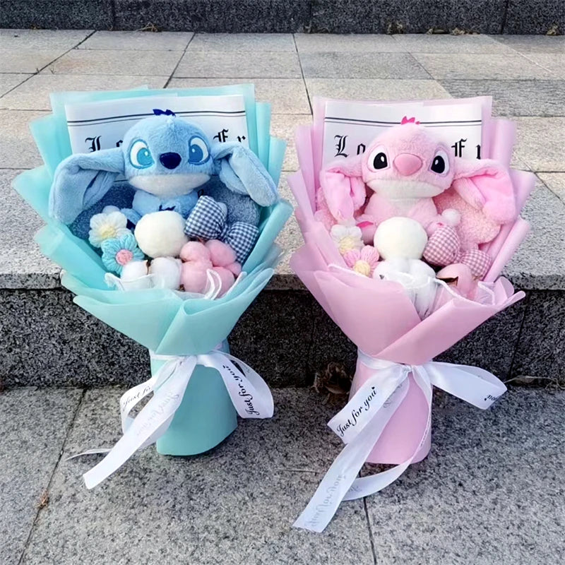 Anime Lilo & Stitch  Plush Bouquet  With floret Bowknot Cartoon Stuffed Animals Birthday Christmas Valentine's Day Party Gift