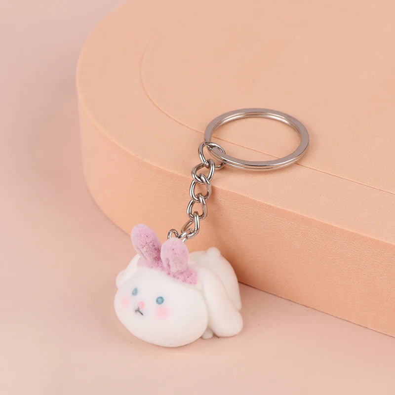 3D Flocking Panda Keychain Cartoon Plush Animal Keyring Bag Pendant Car Key Holder Earphone Charm DIY Jewelry Ornament Accessor