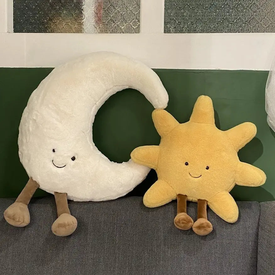 Adorable Smile Face White Moon Yellow Sun Plushie Stuffed Cute Cartoon Weather Plush Toy for Kid Bedroom Decor Sofa Throw Pillow