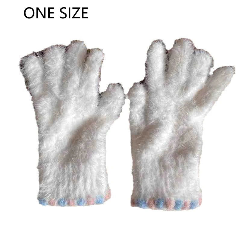 Simple Pure Color Plush Five-finger Gloves Thickened Lovely Winter Warm Cycling Gloves Fingerless Touch Screen Gloves Girls Gift