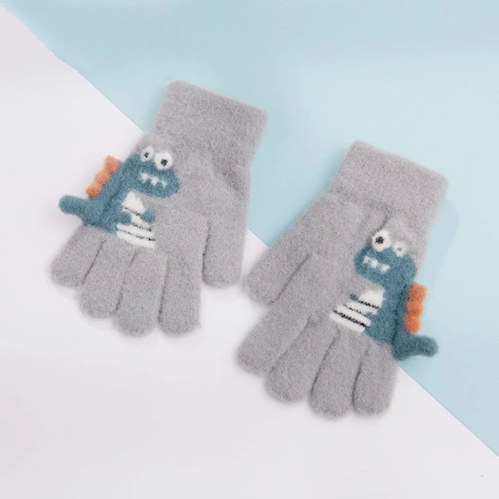 4-8 Year Old Winter Children's Thick Knitted Gloves Cartoon Dinosaur Warm Plush Children's Winter Children's Finger Gloves