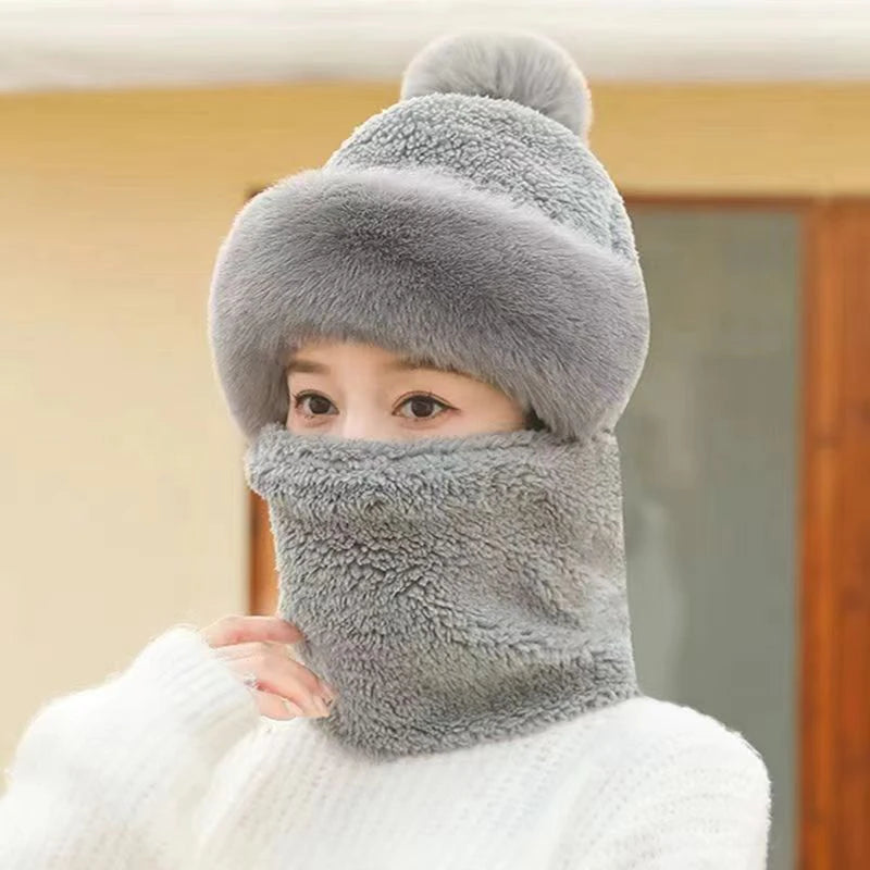 Fashion Plush Hat Scarf Mask Set Winter Warm Hat Neck Warmer Outdoor Cycling Windproof Warmer Scarf Hat Ear Protection