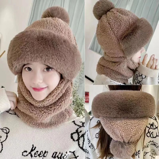 Fashion Plush Hat Scarf Mask Set Winter Warm Hat Neck Warmer Outdoor Cycling Windproof Warmer Scarf Hat Ear Protection