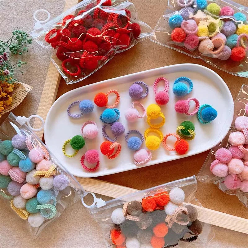 20Pcs Girls Colorful Plush Ball Elastic Hair Bands Kids Hair Ropes Ties Ponytail Rubber Bands Headwear Hair Accessories Gift