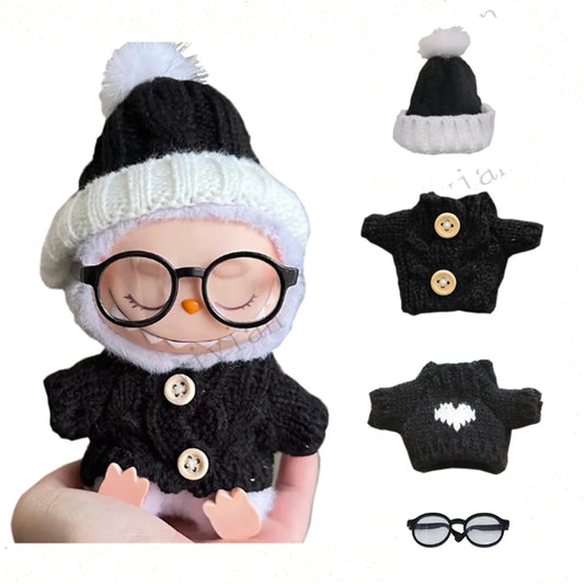 For 17Cm labubu baby clothes vinyl outfit pendant macaron sit party black hairball hat set for labubu black set