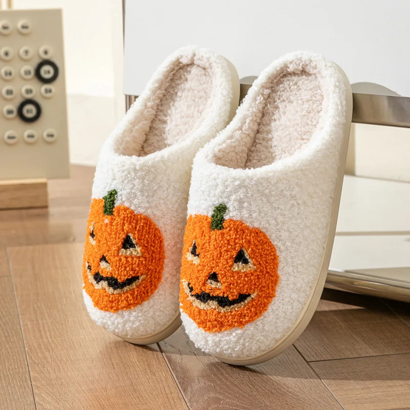 Women's Pumpkin Halloween Slippers for Indoor Use in Autumn Winter Comfortable Warm Fluffy Slippers for Couple in Cold Winte