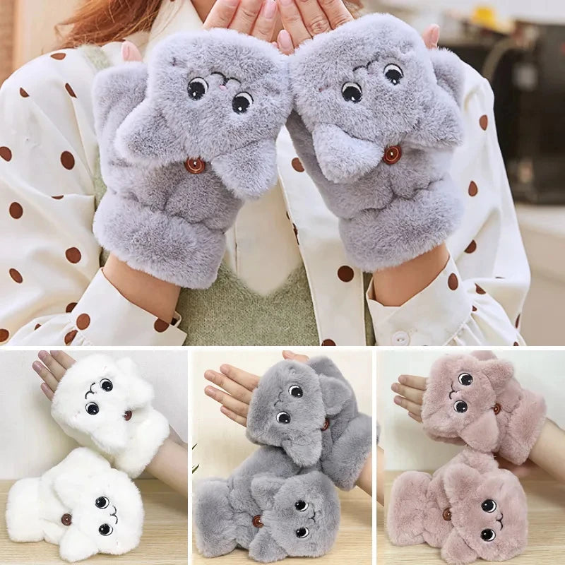 Women Plush Warm Glove Fur Lovely Rabbit Cat Mittens Flip Fingerless Gloves Soft Girls Thick Gloves Flexible Half Finger Winter